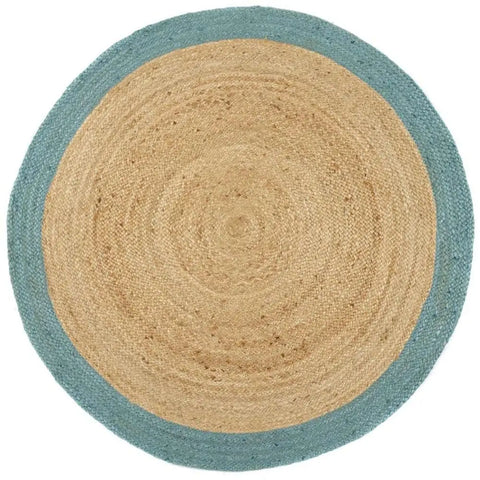 Bordered Duck Egg Blue Jute Rug - Ø 150 cm - Rugs