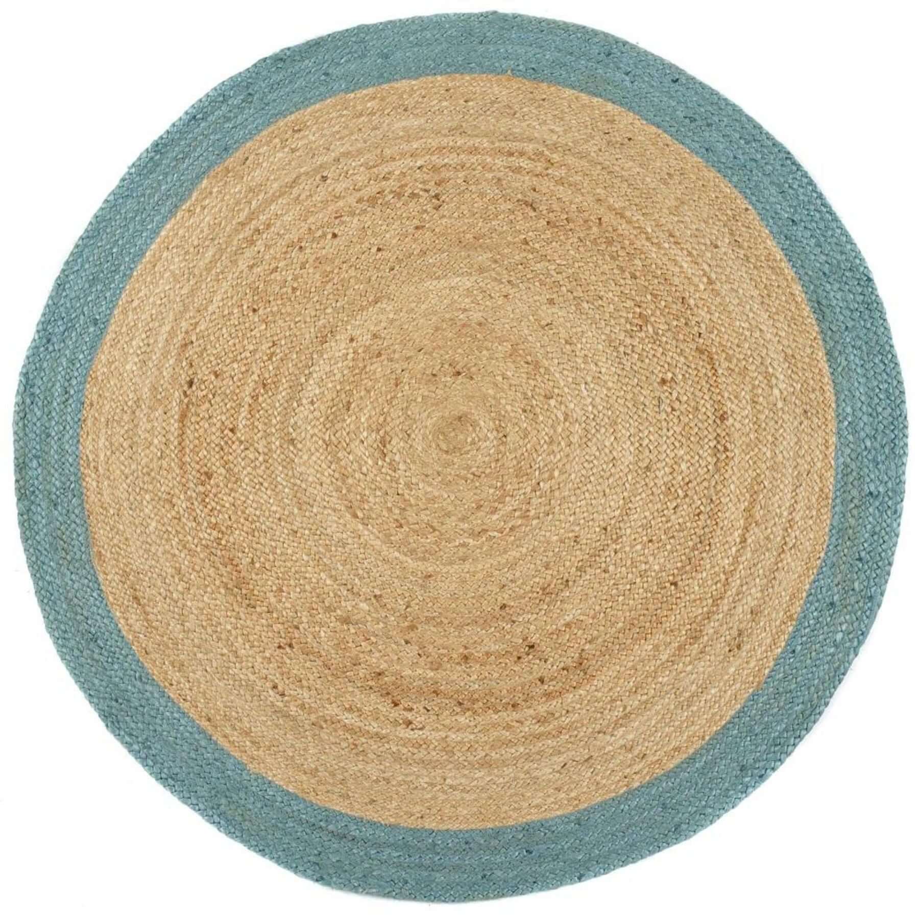Circular jute rug with natural beige center and duck egg blue border perfect for cozy home decor