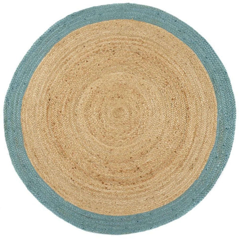 Circular jute rug with natural beige center and duck egg blue border perfect for cozy home decor