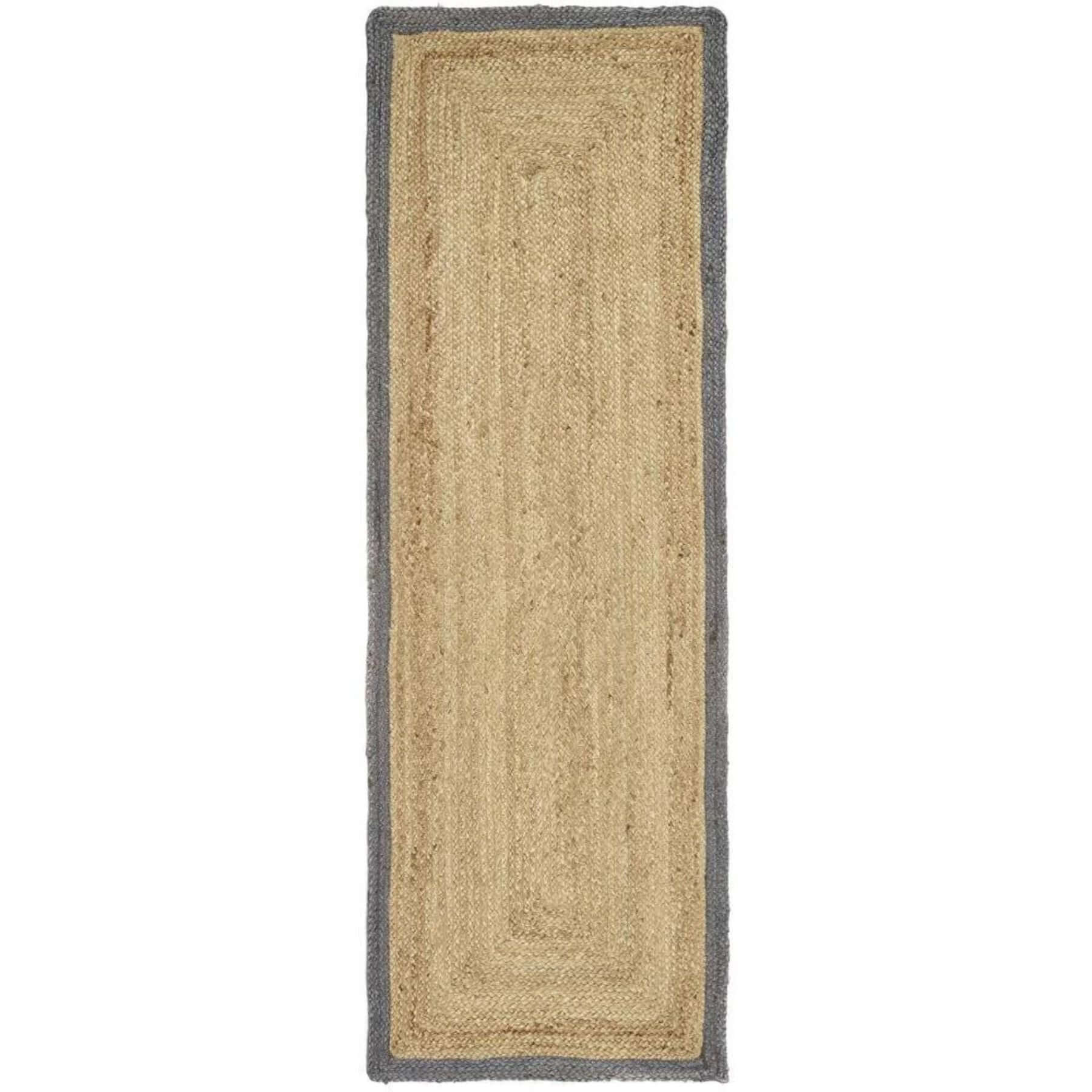 Natural fiber runner rug with beige woven center and dark gray bordered grey jute edges perfect for entryways