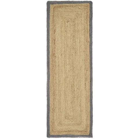 Natural fiber runner rug with beige woven center and dark gray bordered grey jute edges perfect for entryways