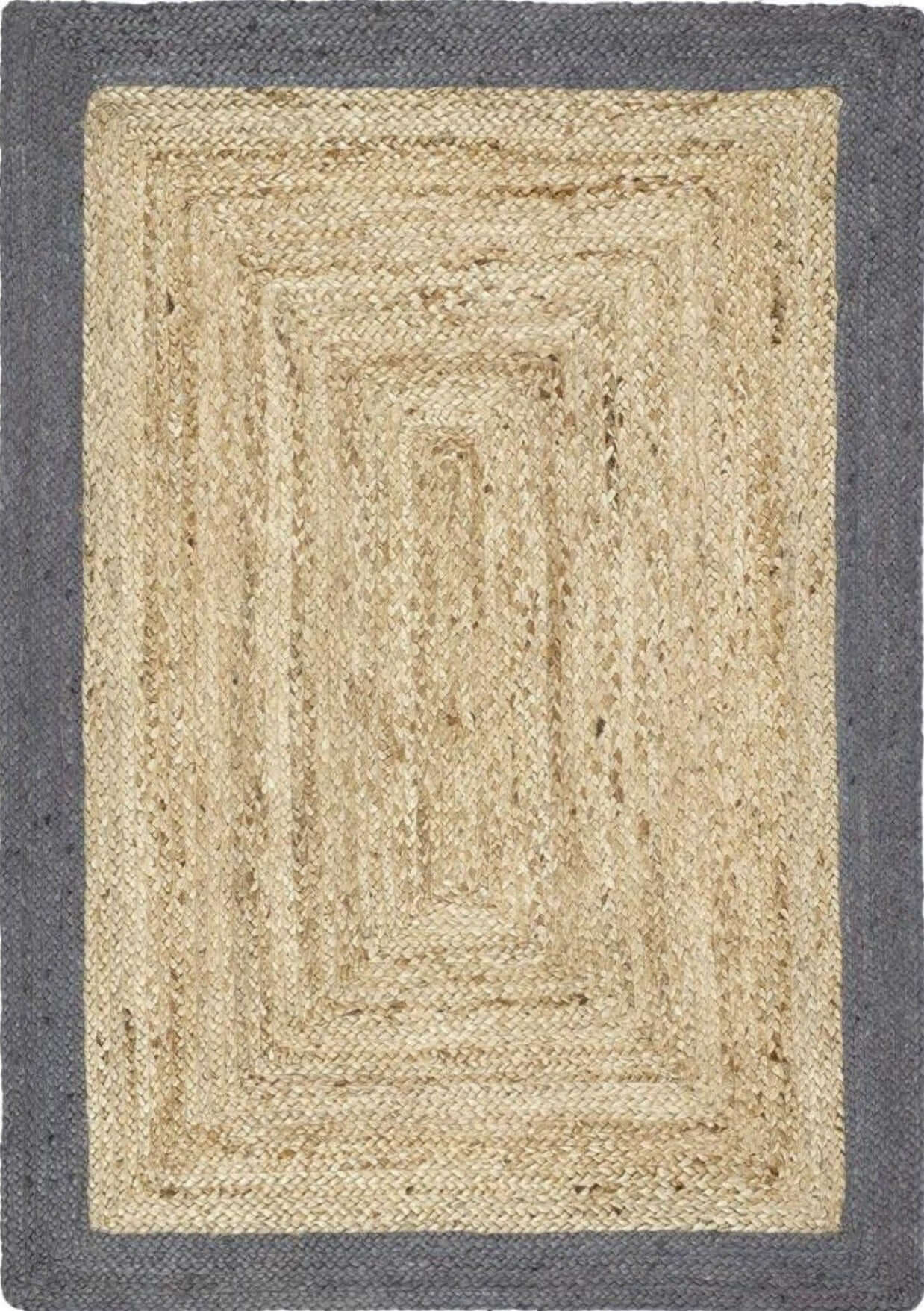 Rectangular bordered grey jute rug with natural beige concentric bands and a dark gray border for living spaces
