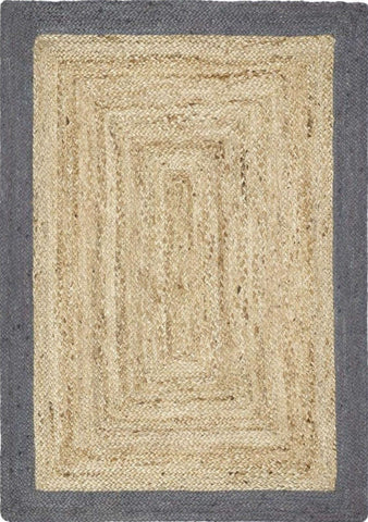 Rectangular bordered grey jute rug with natural beige concentric bands and a dark gray border for living spaces
