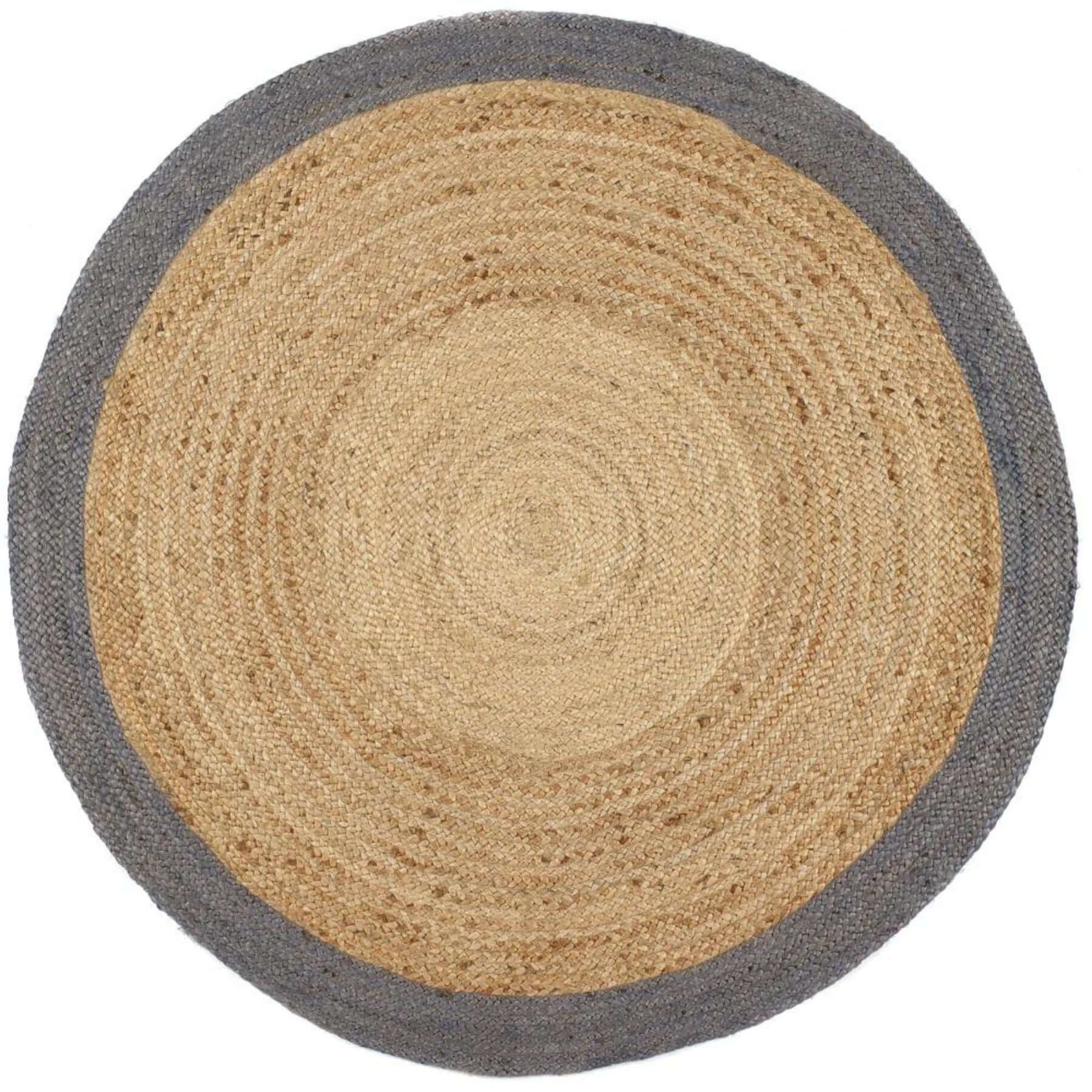 Circular bordered grey jute rug with natural beige center and dark gray border made from textured jute material