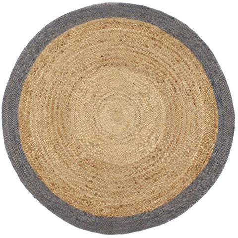 Circular bordered grey jute rug with natural beige center and dark gray border made from textured jute material