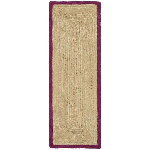 A bordered raspberry jute runner rug with a natural beige center and embossed geometric purple border design
