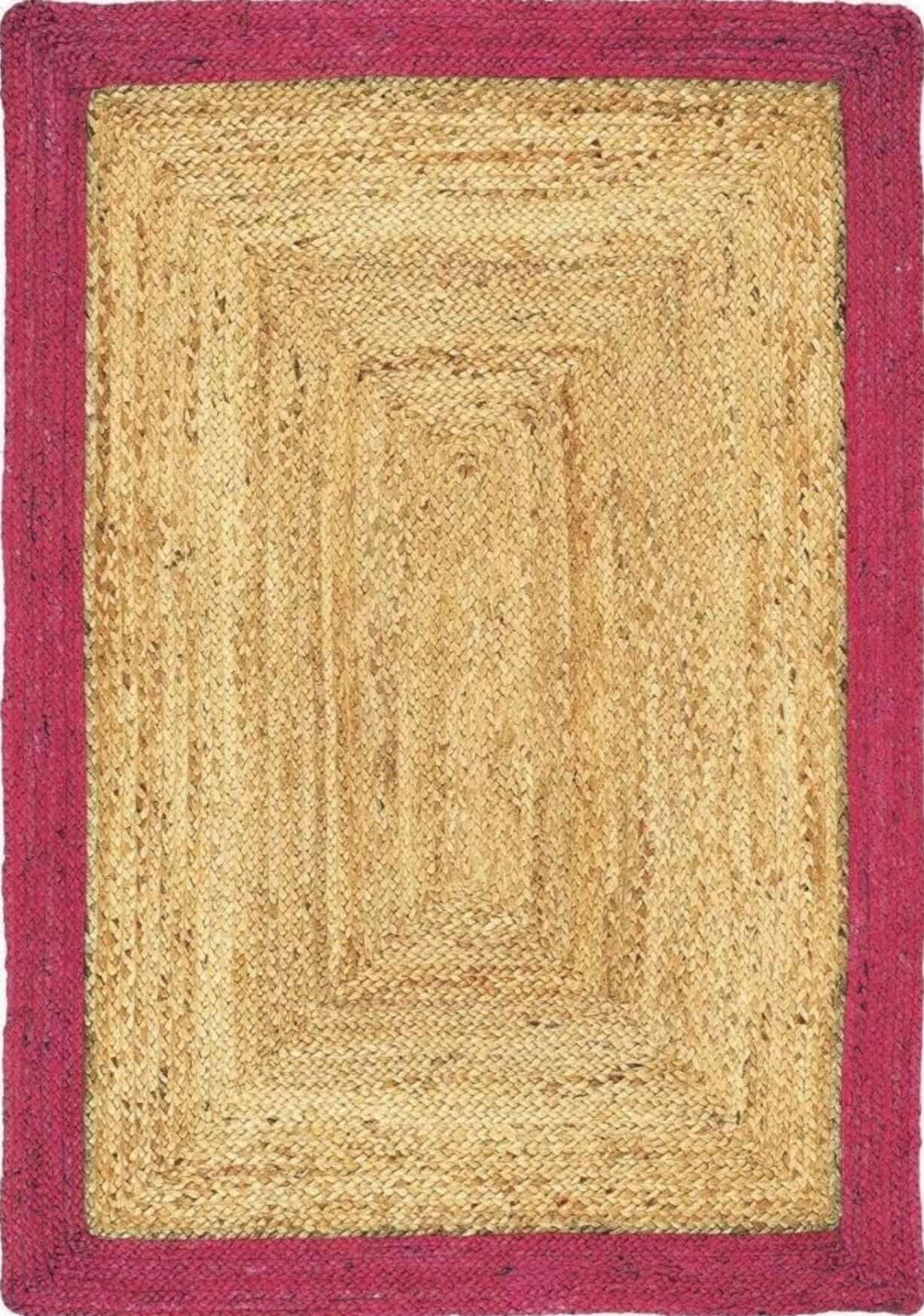 Rectangular woven bordered raspberry jute rug with natural beige tones and bold magenta edge pattern
