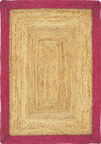 Rectangular woven bordered raspberry jute rug with natural beige tones and bold magenta edge pattern