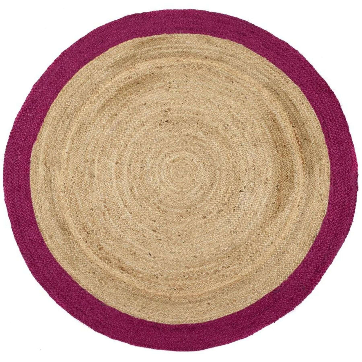 Circular bordered raspberry jute rug with a natural beige center and bold magenta border made of jute fibers