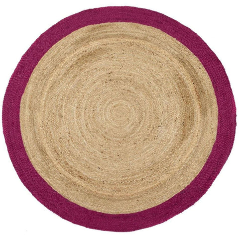 Circular bordered raspberry jute rug with a natural beige center and bold magenta border made of jute fibers