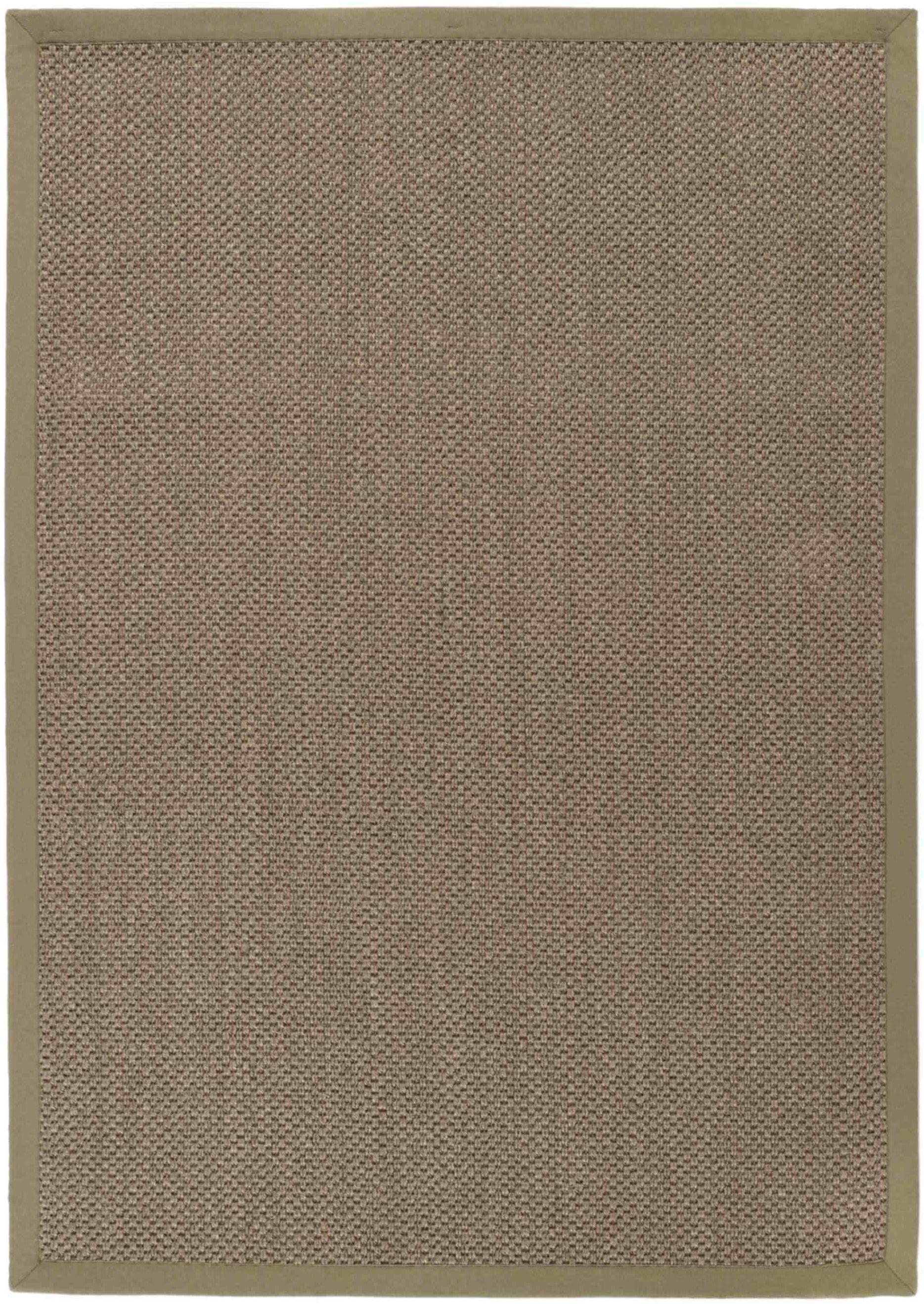 Beige woven rug with a textured tightly interlaced pattern in bordered sage green non slip sisal rug design