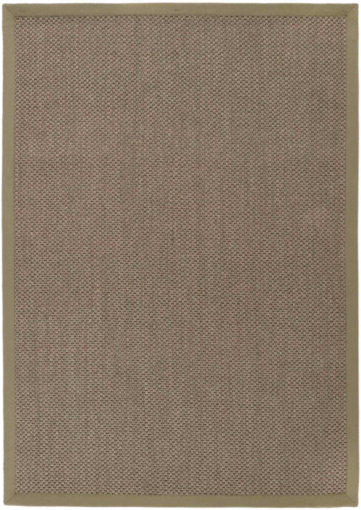 Beige woven rug with a textured tightly interlaced pattern in bordered sage green non slip sisal rug design