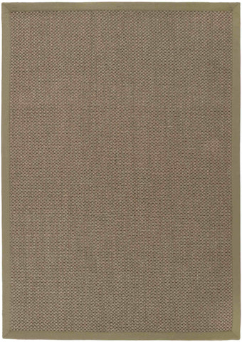 Beige woven rug with a textured tightly interlaced pattern in bordered sage green non slip sisal rug design