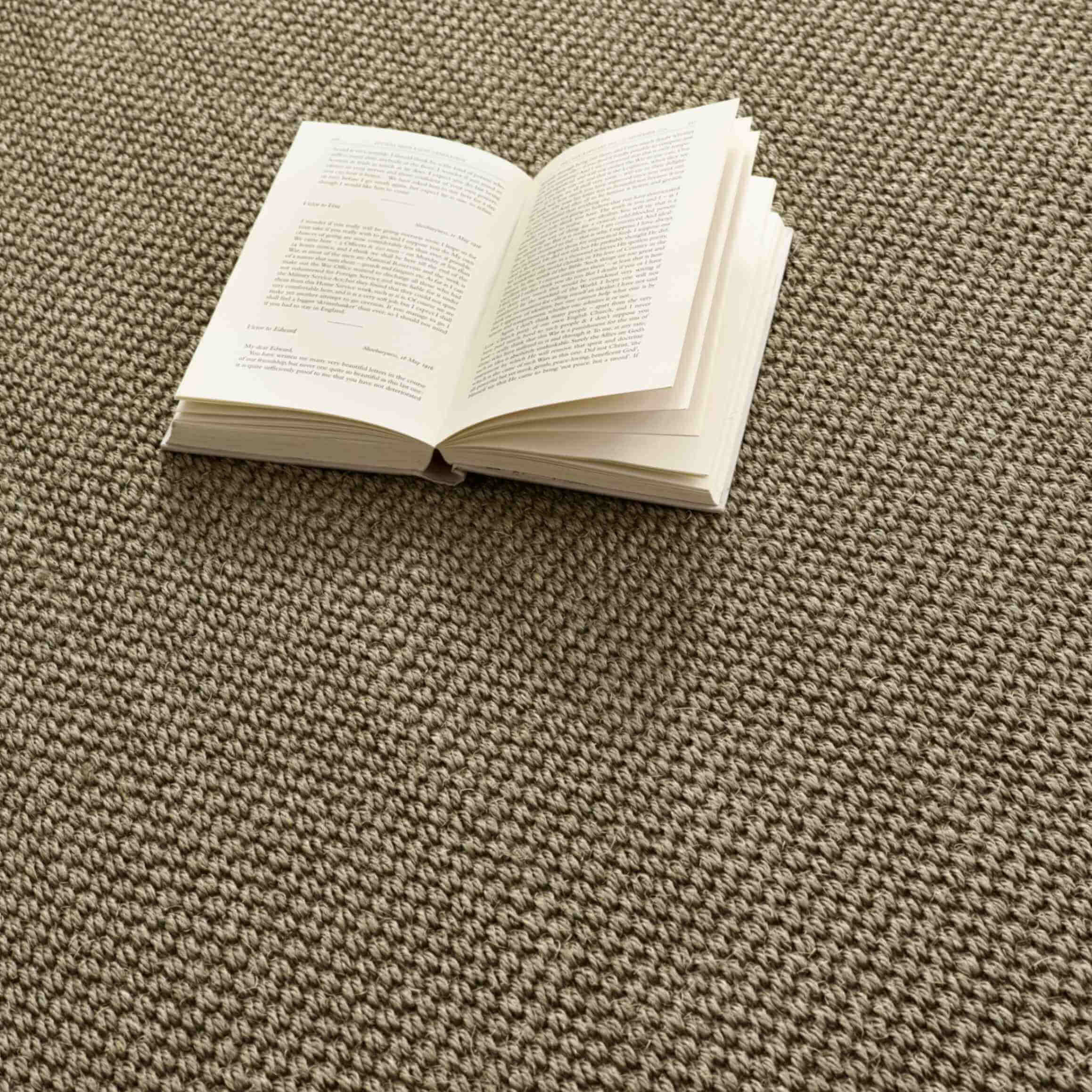 An open book rests on a bordered sage green non slip sisal rug with a textured neutral tone surface