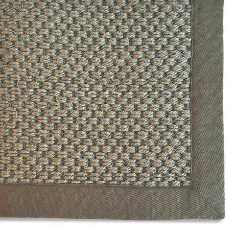 Textured woven sisal rug in neutral grayish brown with bordered sage green non slip design for any room