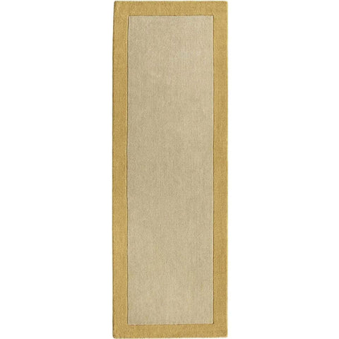 Beige rectangular bordered yellow wool rug with golden border perfect for cozy living spaces