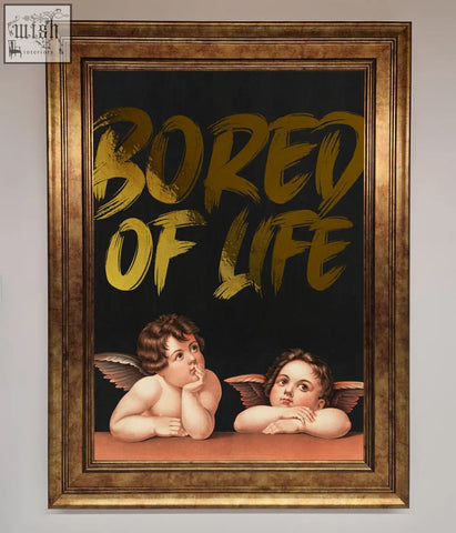 A framed life foil print featuring two cherubs with wings under bold gold brushstroke lettering on black background