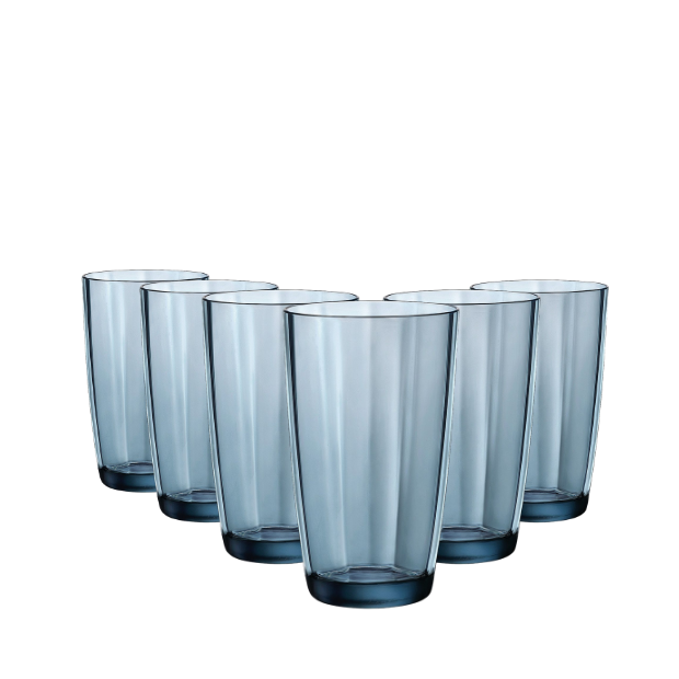 Set of six translucent blue-tinted glass highball glasses with subtle ridges by bormioli rocco pulsar