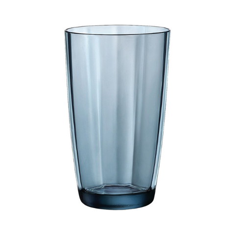 A sleek translucent blue glass tumbler with vertical ridges and hexagonal base from bormioli rocco pulsar set