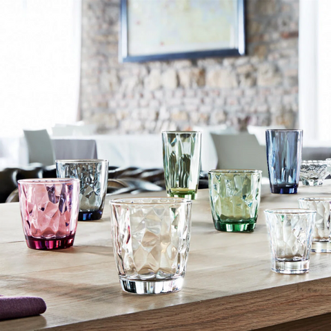 Set of 6 bormioli rocco pulsar colorful faceted glass tumblers in pink green blue and clear with diamond pattern