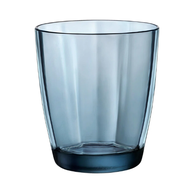 A sleek translucent blue glass tumbler with a modern faceted design from bormioli rocco pulsar double collection