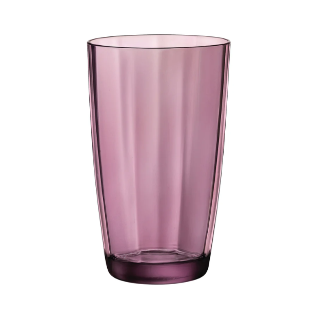 A translucent mauve bormioli rocco pulsar glass with vertical ridges and a flared rim perfect as highball glasses