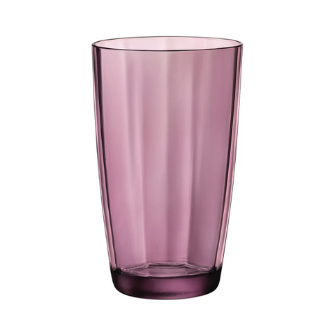 A translucent mauve bormioli rocco pulsar glass with vertical ridges and a flared rim perfect as highball glasses