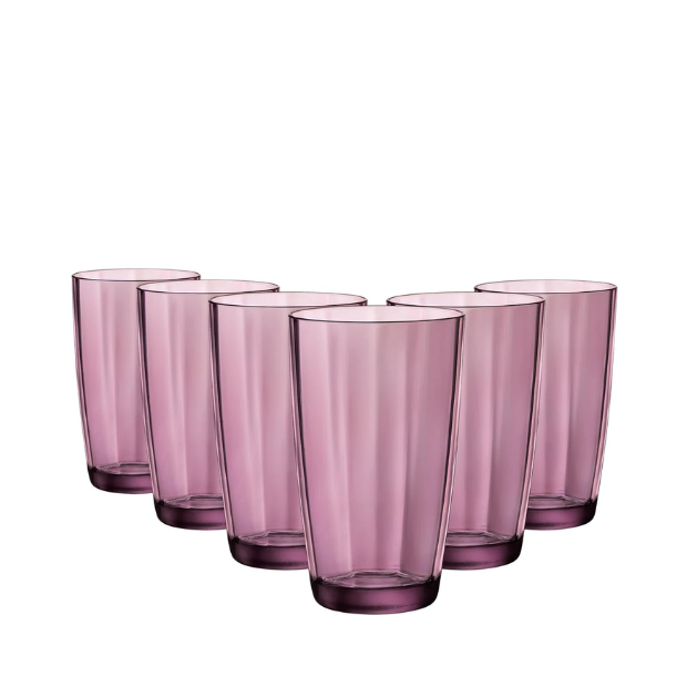Set of six translucent lavender-tinted bormioli rocco pulsar glass tumblers with modern minimalist design 470ml