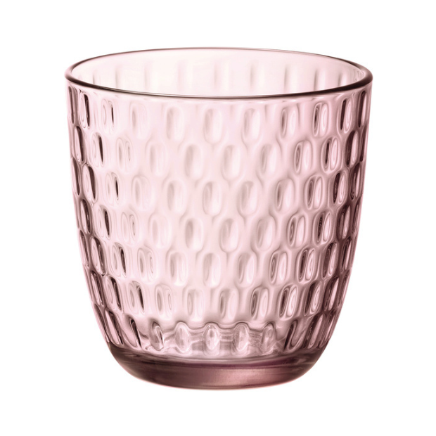A translucent pink glass tumbler with a textured dimpled surface from bormioli rocco slot water glasses set