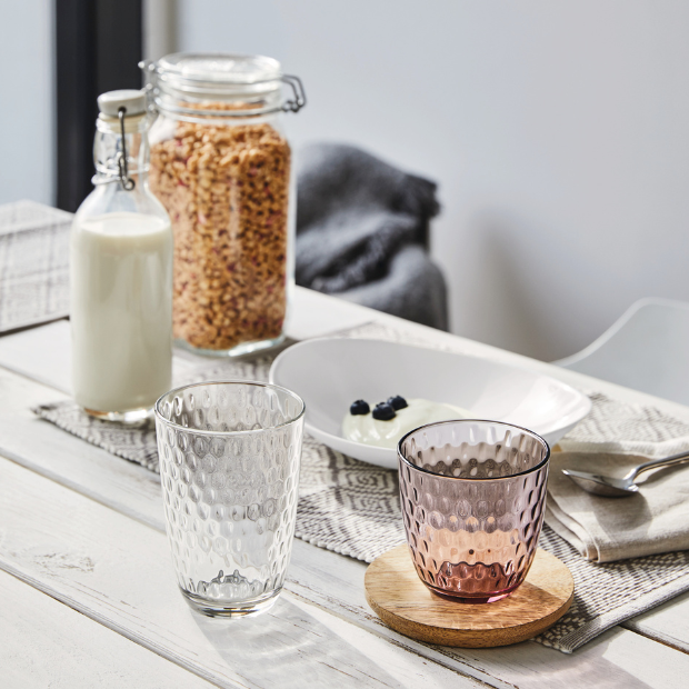 Clear and rose-colored hammered glass tumblers with bubbly texture from bormioli rocco slot water glasses set of 6