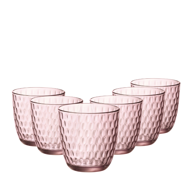 Set of six blush pink textured glass tumblers with subtle hammered finish bormioli rocco slot water glasses