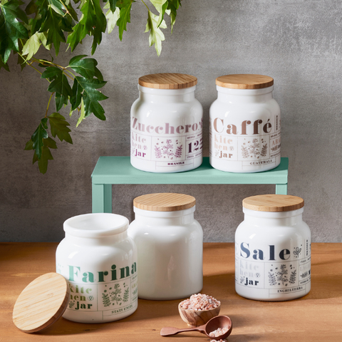 White ceramic bormioli rocco vitoriana storage jar 1l with wooden lid and botanical earth tone labels