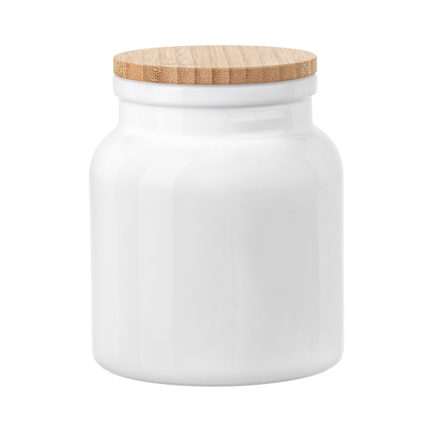 White ceramic bormioli rocco vitoriana storage jar with light brown bamboo lid for kitchen organization