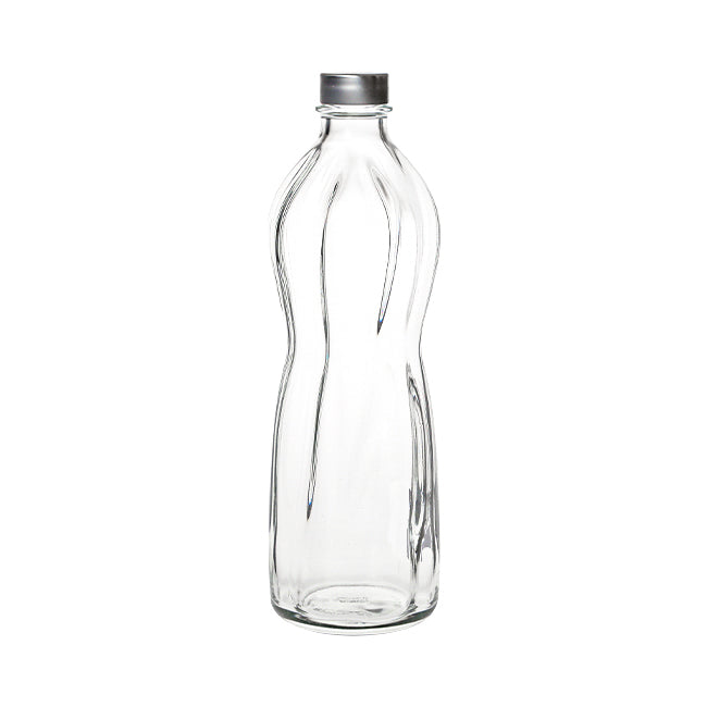Clear glass bormioli rocco wave bottle 1ltr with sleek contoured design and metallic silver cap perfect for daily use