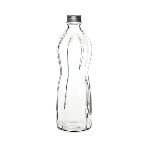 Clear glass bormioli rocco wave bottle 1ltr with sleek contoured design and metallic silver cap perfect for daily use