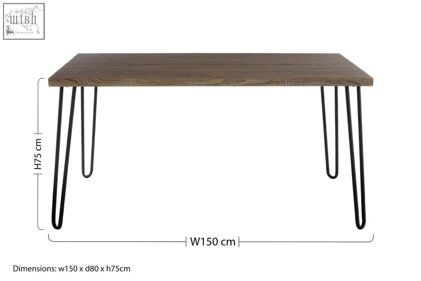 Modern rectangular dining table with dark wood effect veneer top and sleek black finish metal legs