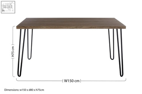 Modern rectangular dining table with dark wood effect veneer top and sleek black finish metal legs