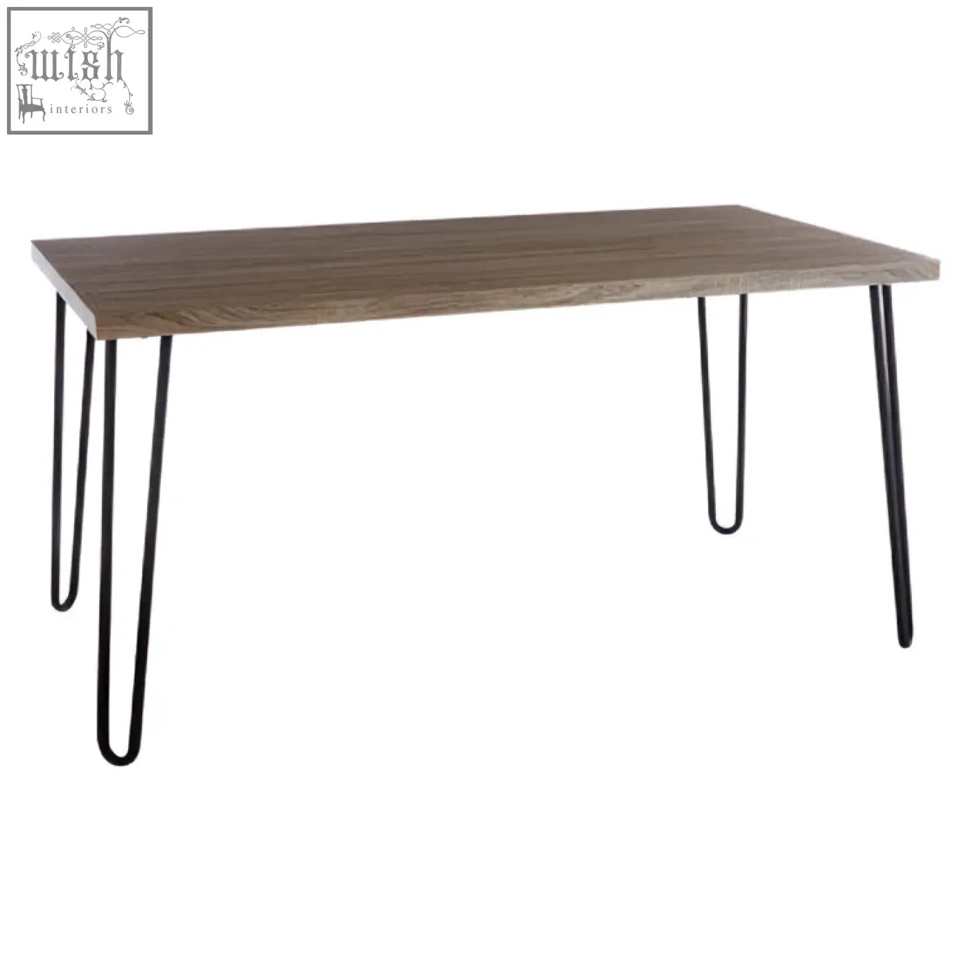 Modern rectangular dining table with gray wood effect veneer top and sleek black finish metal hairpin legs