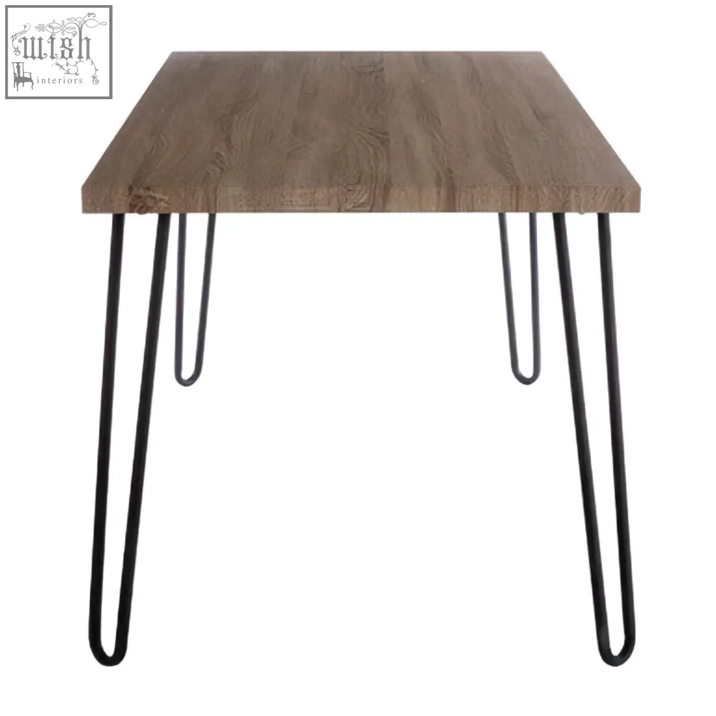 Modern gray wood effect veneer dining table with black finish metal hairpin legs perfect for any space