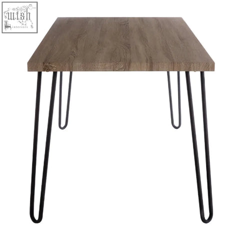 Modern gray wood effect veneer dining table with black finish metal hairpin legs perfect for any space