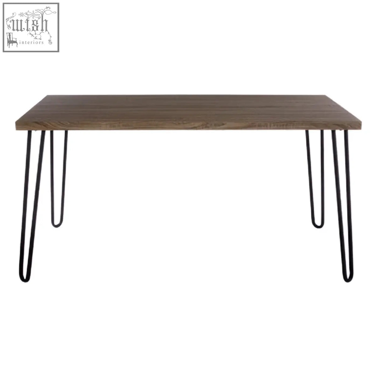 A sleek borough veneer top dining table with wood effect veneer and black finish metal hairpin legs