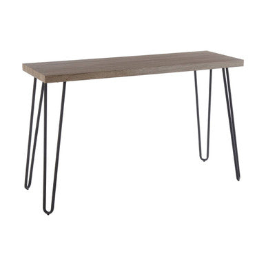 Modern gray wood console table with sleek black hairpin metal legs for stylish living spaces