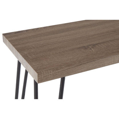 Borough veneer top console table with gray wood-grain surface and sleek black hairpin metal legs