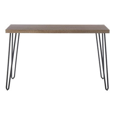 Modern console table with rustic brown veneer top and sleek black hairpin metal legs perfect for any space