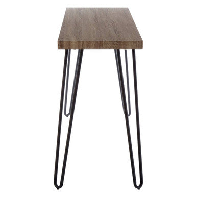 A sleek console table with a warm brown veneer top and black hairpin metal legs for minimalist style