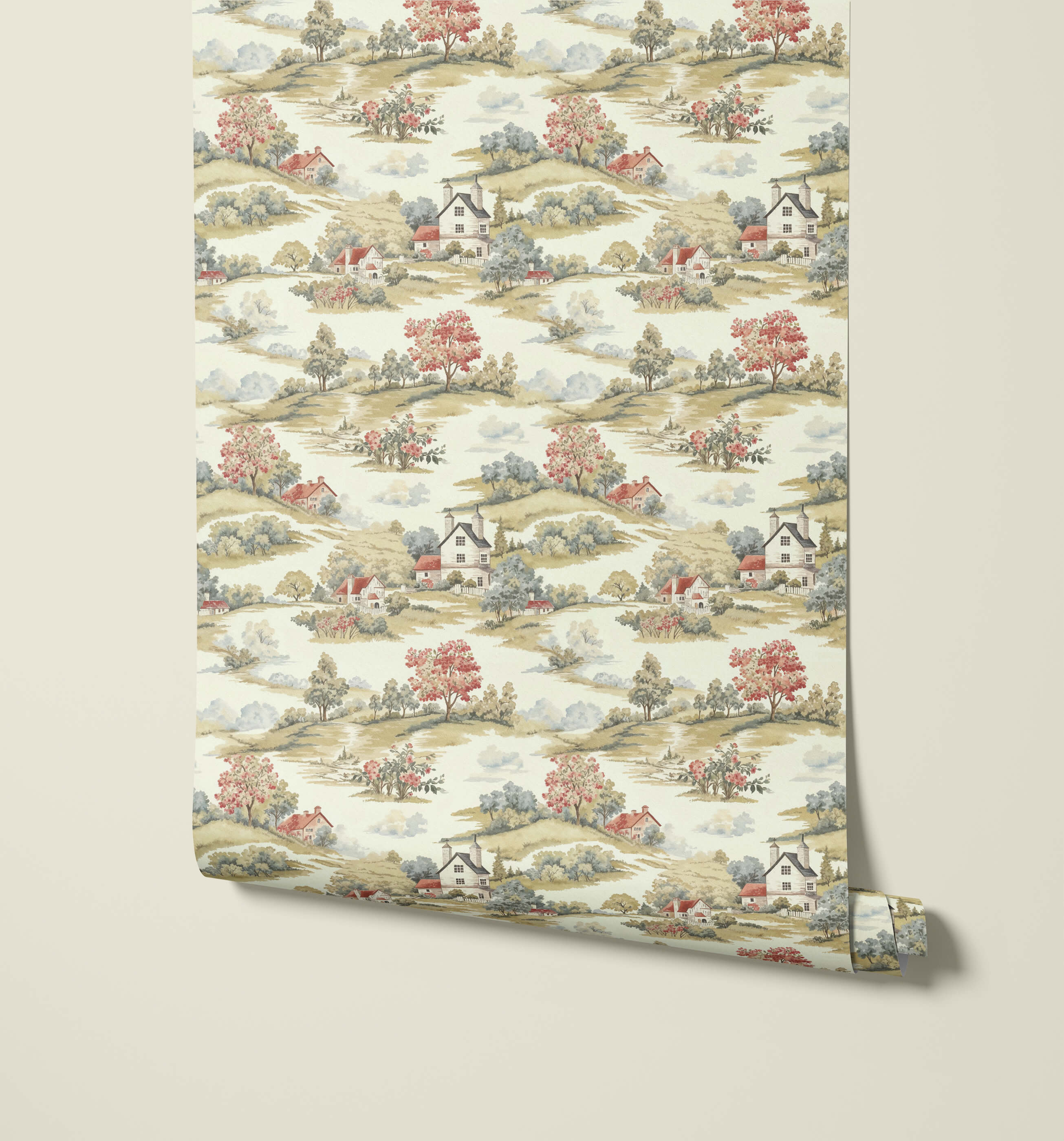 Roll of borwood pastoral village wallpaper with quaint houses and autumn trees on creamy off-white background