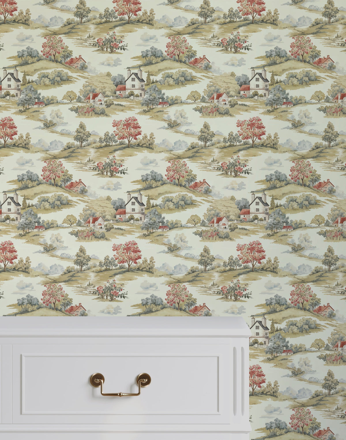 Pastel-toned borwood wallpaper with repeating pastoral scene featuring quaint houses and autumn trees in red and pink hues