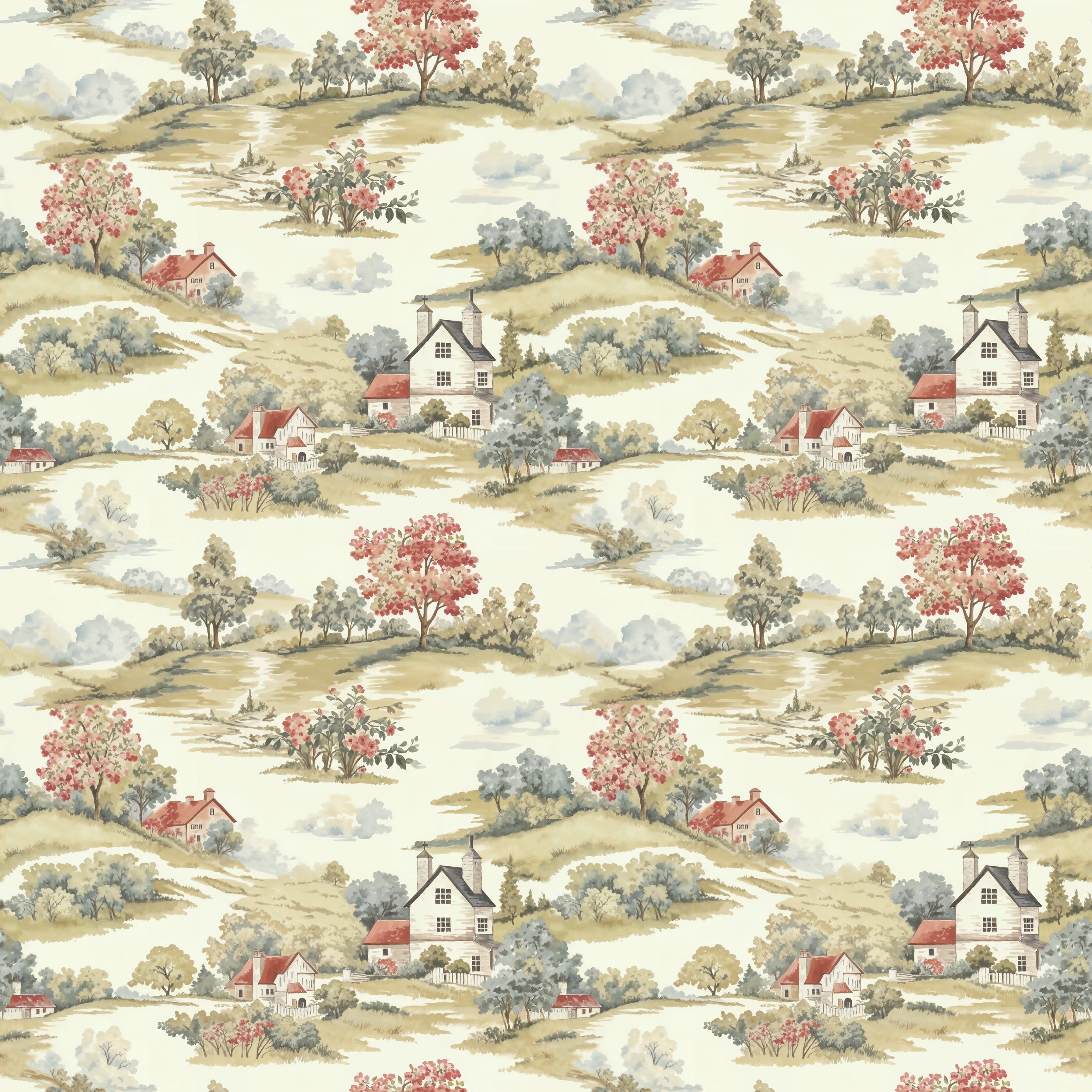 Rustic countryside borwood wallpaper with repeating charming houses red roofs rolling hills and soft green pink trees