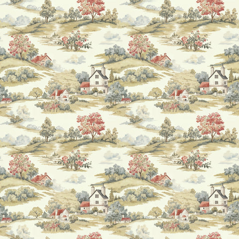 Rustic countryside borwood wallpaper with repeating charming houses red roofs rolling hills and soft green pink trees