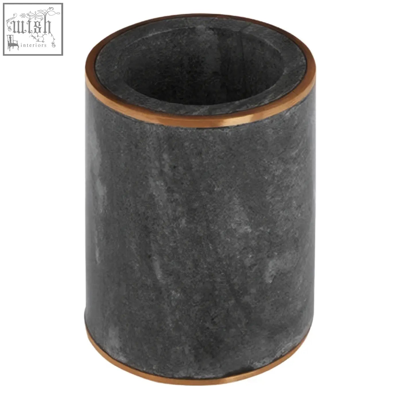 Dark gray cylindrical pen holder with grey marble texture and polished copper rims in bosco grey marble tumbler style
